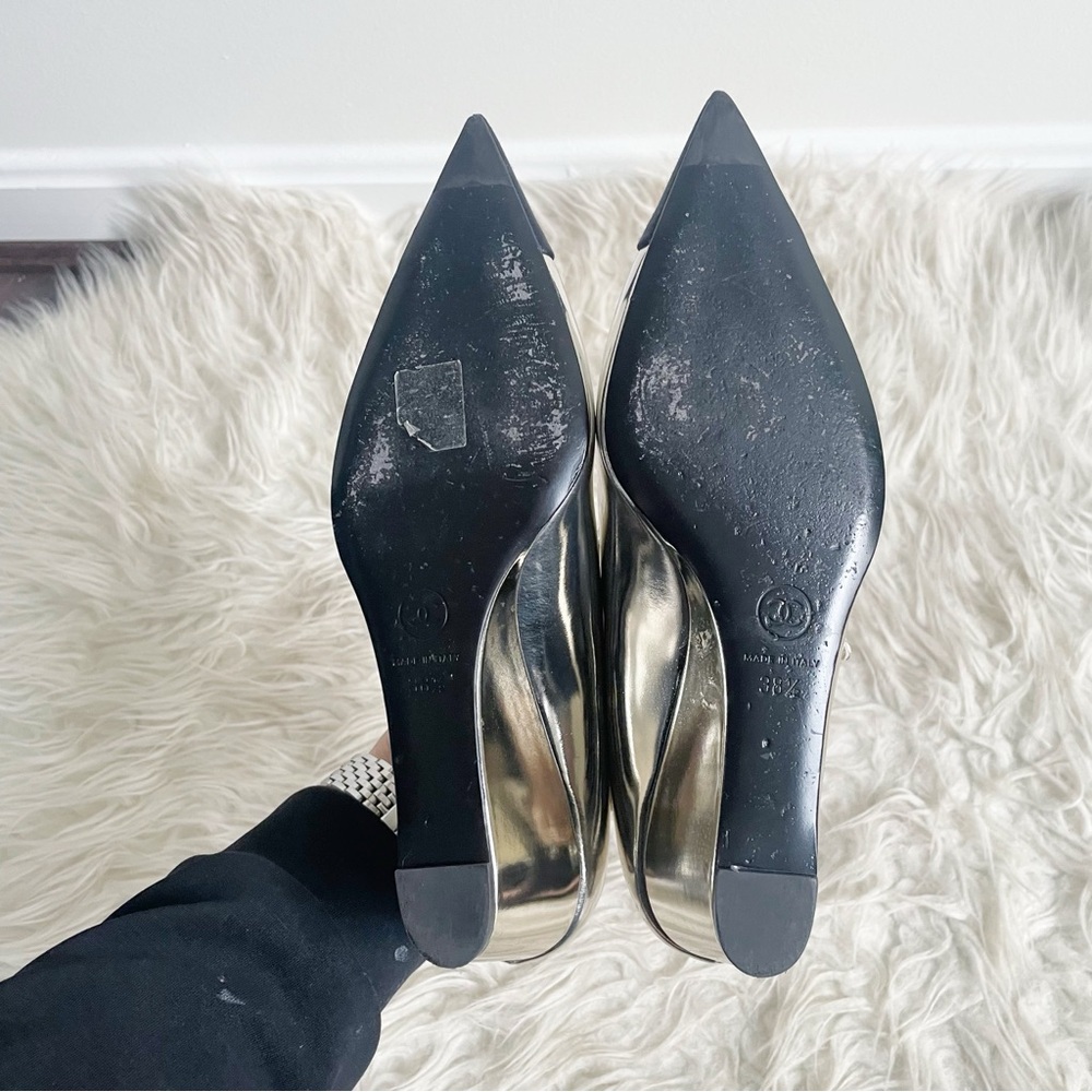 Chanel Interlocking CC Logo Metallic Mary Jane Wedge Pump Gold Black Pointed Toe - Picture 8 of 14